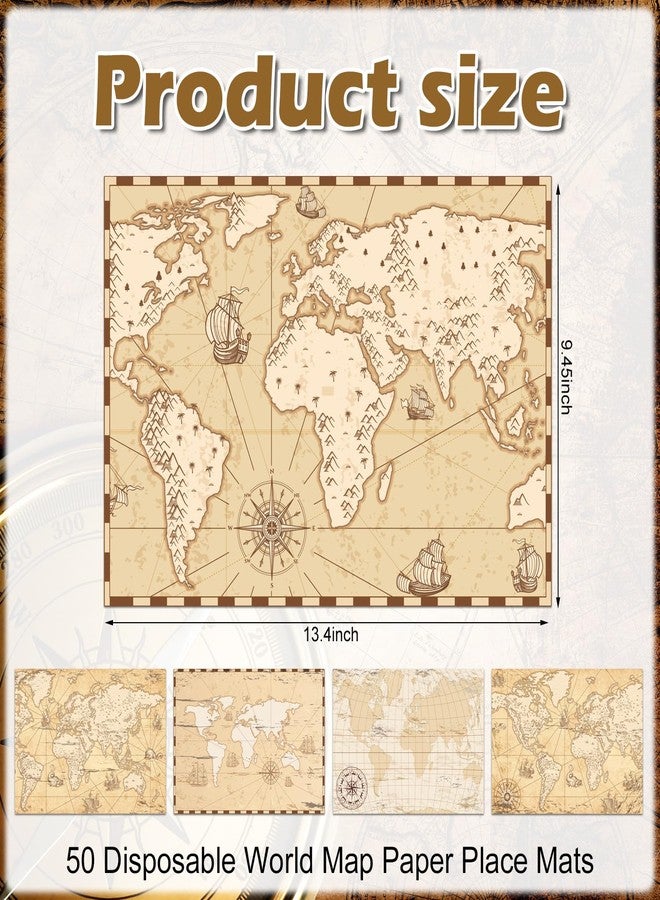 Eaasty 50 Disposable World Map Paper Placemats Vintage World Map for Old Paper Retro Style Decorative Travel Adventure Table Mat for Geography Learning Education Traveler Theme Crafts (13.4 x 9.45'') - Image 2