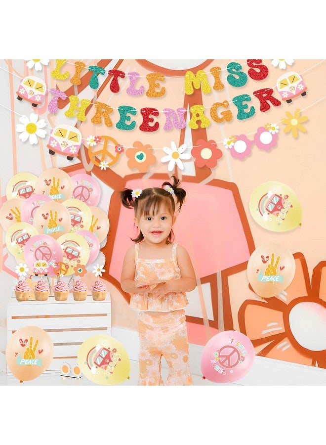 K KUMEED Groovy Birthday Decorations,Hippie Boho Party Decorations Include Little Miss Threenager Banner Cake Toppers Daisy Number 3 Foil Balloon for 3 Year Old Girl Retro Rainbow Party Supplies - Image 5