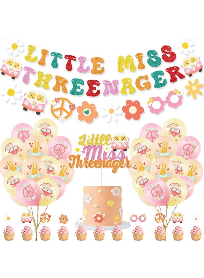 K KUMEED Groovy Birthday Decorations,Hippie Boho Party Decorations Include Little Miss Threenager Banner Cake Toppers Daisy Number 3 Foil Balloon for 3 Year Old Girl Retro Rainbow Party Supplies - Image 1