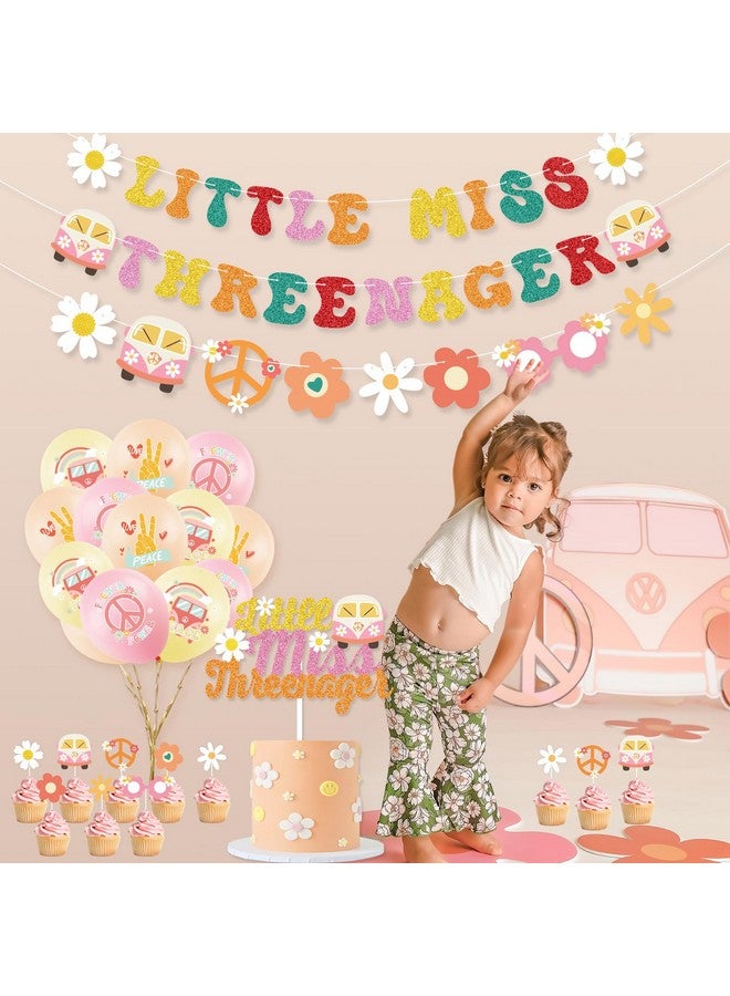 K KUMEED Groovy Birthday Decorations,Hippie Boho Party Decorations Include Little Miss Threenager Banner Cake Toppers Daisy Number 3 Foil Balloon for 3 Year Old Girl Retro Rainbow Party Supplies - Image 4