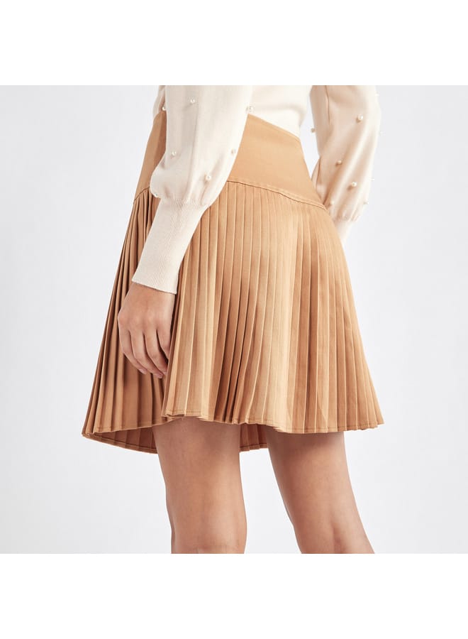 Splash FAV Solid Pleated A-line Mini Skirt with Elasticated Waistband  - Image 3
