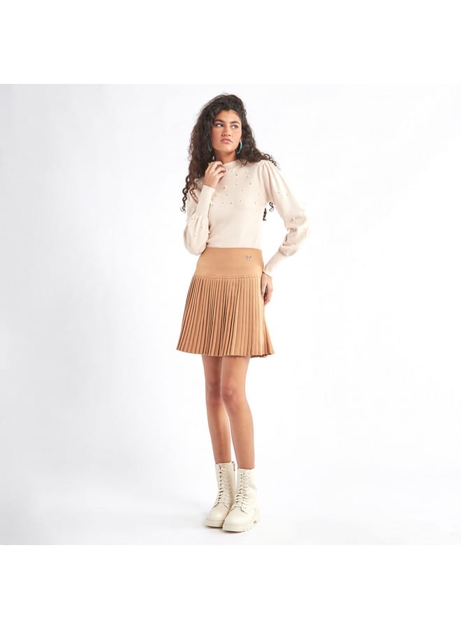 Splash FAV Solid Pleated A-line Mini Skirt with Elasticated Waistband  - Image 2