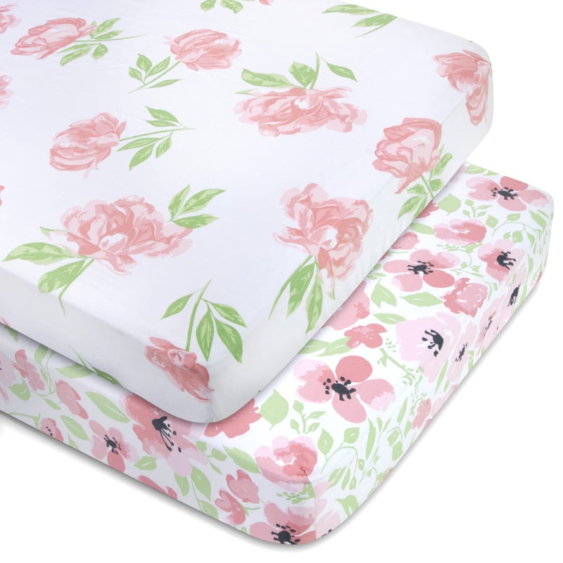Baby Essentials Standard Microfiber Fitted Crib Sheets for Baby Girl Boy Neutral 2 Pack 28x52 Roses Flowers 