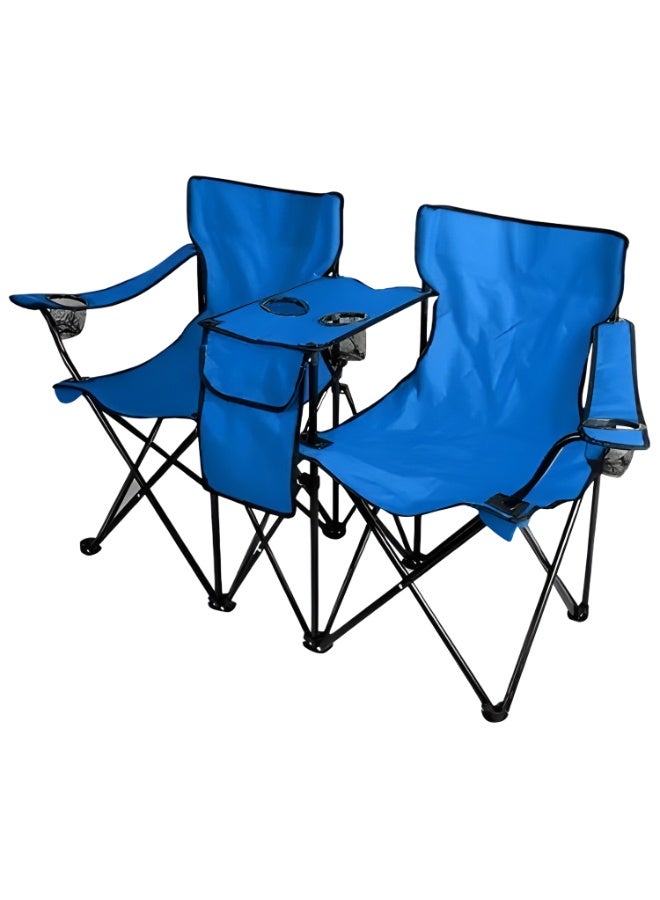 كادي ون كرسي رحلات مزدوج محمول قابل للطي مزود بحامل أكواب و حقيبة أمامية، كرسي تخييم قماشي عالي الجودة بأرجل مانعة للانزلاق، مقعد رحلات خفيف الوزن مع مساند للذراعين مثالي للرحلات - Image 1