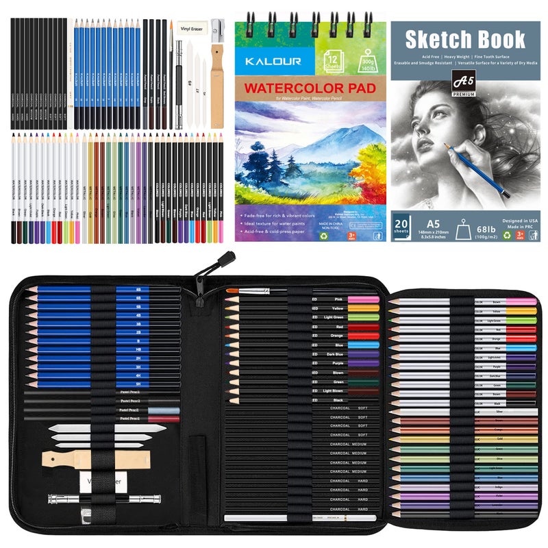 KALOUR 76 Drawing Sketching Kit Set - Pro Art Supplies with Sketchbook & Watercolor Paper - Include Tutorial,Pastel,Watercolor,Sketch,Colored,Metallic,Charcoal Pencils - for Artists Beginners Adults - Image 1