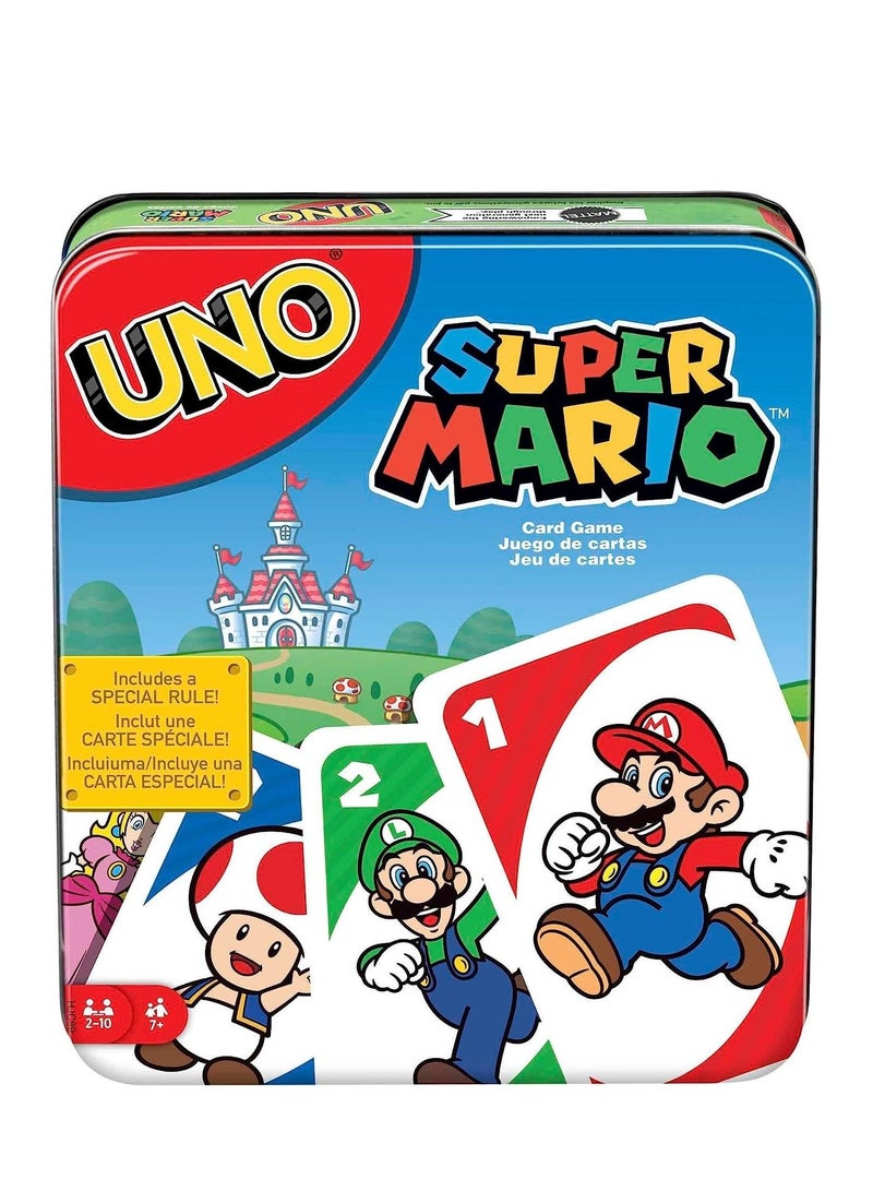UNO Super Mario Card Game, Video Game Themed Travel Game in Collectible Storage Tin with Special Rule - Image 1