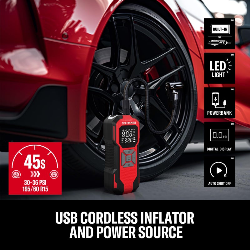 CRAFTSMAN Tire Inflator Portable Air Compressor, Cordless Mini Air Pump for Car Tires with Tire Pressure Gauge, 6000mAh Battery, Max Pressure 150 PSI, 12V DC Corded (Model: CMXPTXA1201) - Image 2