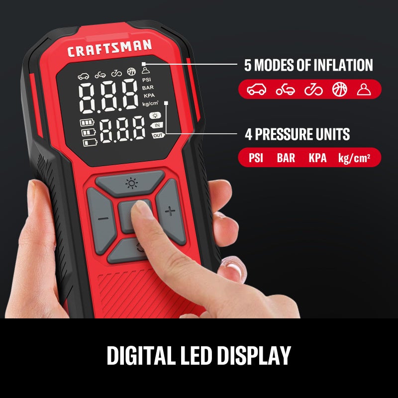 CRAFTSMAN Tire Inflator Portable Air Compressor, Cordless Mini Air Pump for Car Tires with Tire Pressure Gauge, 6000mAh Battery, Max Pressure 150 PSI, 12V DC Corded (Model: CMXPTXA1201) - Image 4