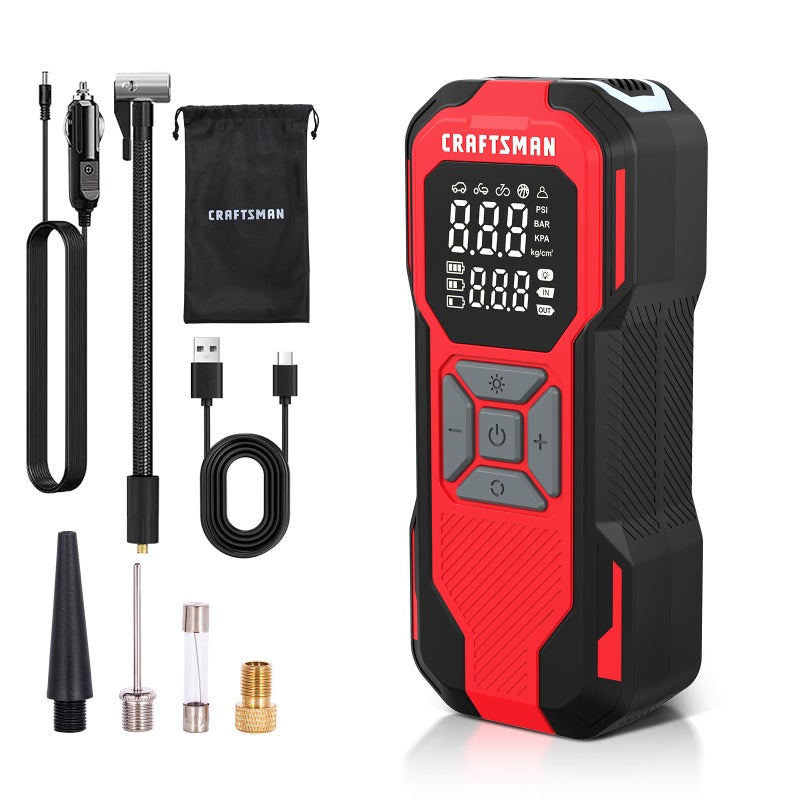 CRAFTSMAN Tire Inflator Portable Air Compressor, Cordless Mini Air Pump for Car Tires with Tire Pressure Gauge, 6000mAh Battery, Max Pressure 150 PSI, 12V DC Corded (Model: CMXPTXA1201) - Image 1