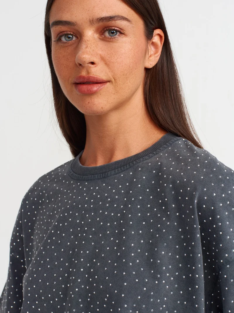 Dilvin 30710 Stone Printed Crop Top-Anthracite