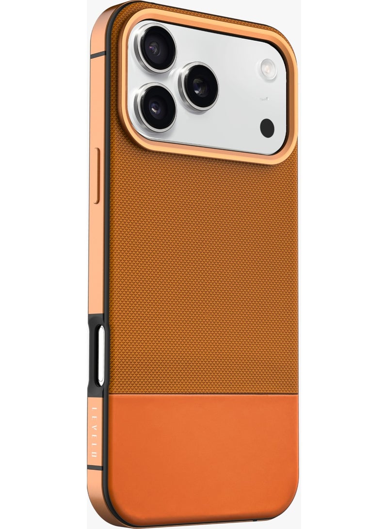 LEVELO iPhone 17 Pro MagSafe Case Cuir With Comfortable Grip & Premium PU Leather / Shock-Resistant Bumper / Aluminum Alloy Frame for Camera & Buttons / Strong Magnets - Sunrise Orange - Image 5