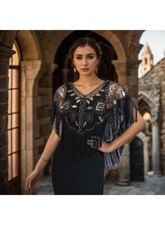 PLULON 8 Pieces 1920s Flapper Accessories Set Sequin Shawl for Women Great Gatsby Costume(Black Gold) - Image 2