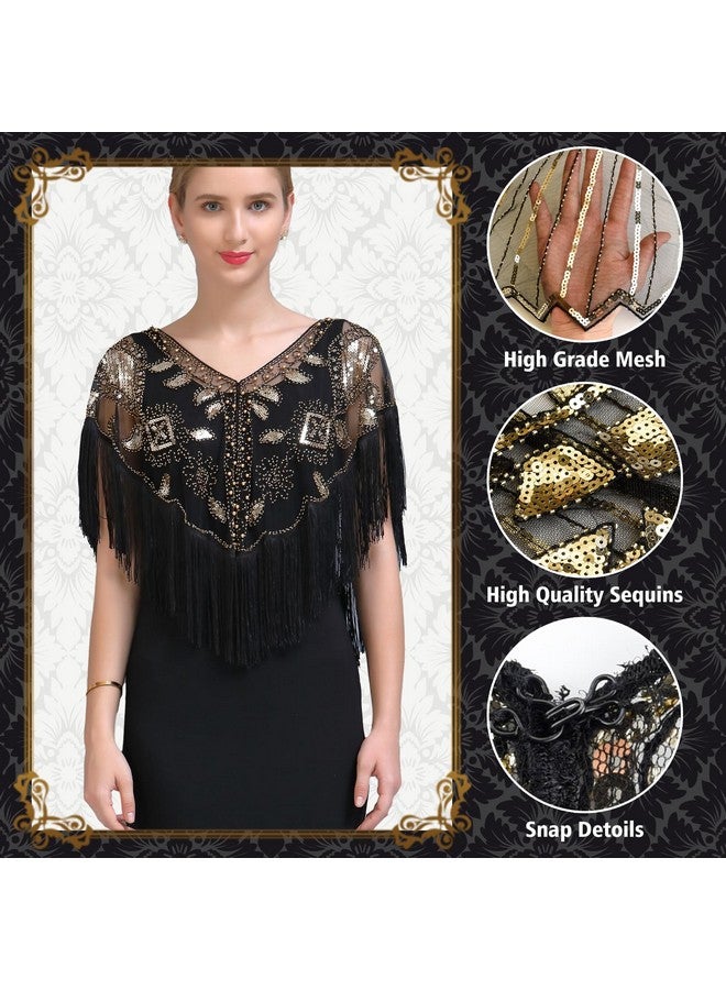 PLULON 8 Pieces 1920s Flapper Accessories Set Sequin Shawl for Women Great Gatsby Costume(Black Gold) - Image 3