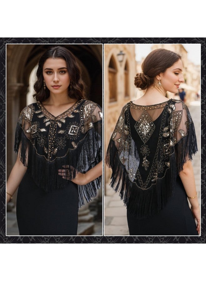 PLULON 8 Pieces 1920s Flapper Accessories Set Sequin Shawl for Women Great Gatsby Costume(Black Gold) - Image 4