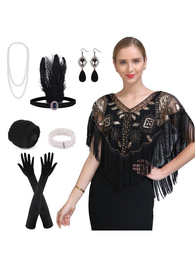 PLULON 8 Pieces 1920s Flapper Accessories Set Sequin Shawl for Women Great Gatsby Costume(Black Gold) - Image 1