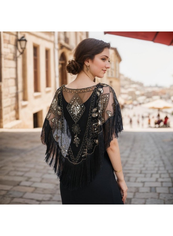 PLULON 8 Pieces 1920s Flapper Accessories Set Sequin Shawl for Women Great Gatsby Costume(Black Gold) - Image 5