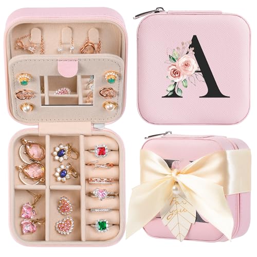 AYGXU Teacher Appreciation Gifts,Small jewelry travel case,Travel Jewelry Box for Women Girls,Jewelry Box for Teen Girls,Travel Jewelry Case for Women Teacher Gifts, Initial A pink - Image 1