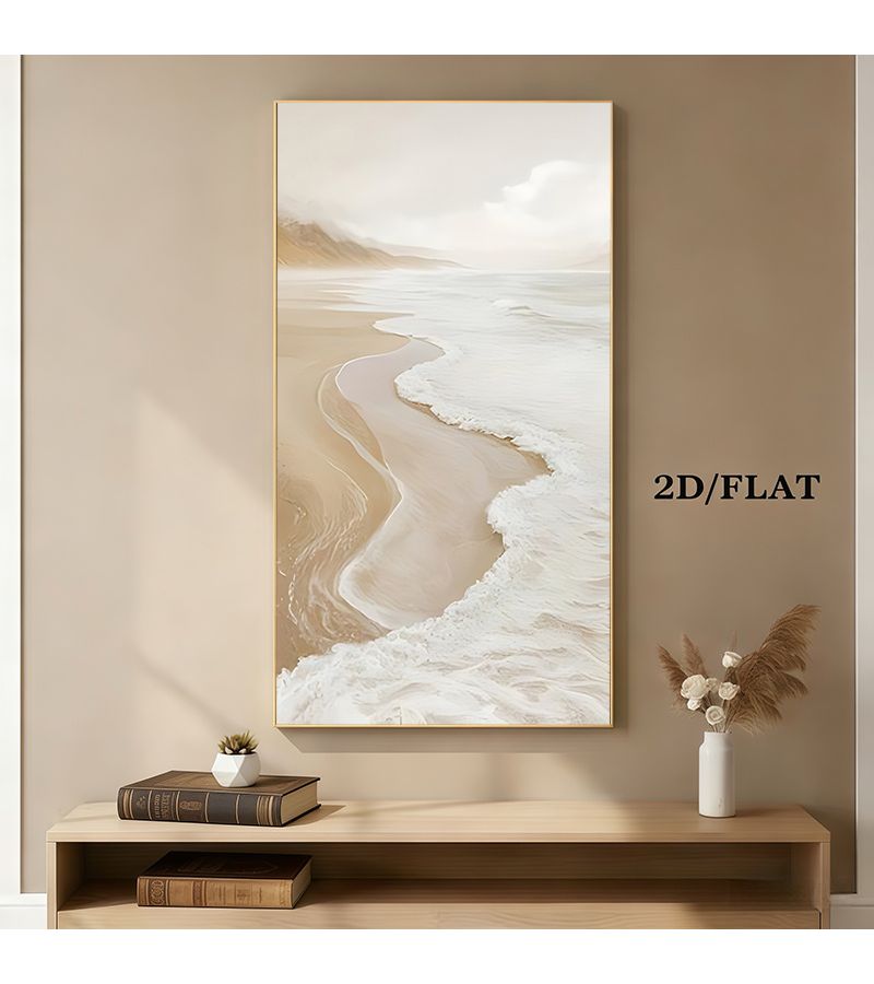 لوحة قماشية كبيرة بدون إطار، مشهد شاطئي حديث بسيط، بألوان بيج وأبيض ورمادي، ديكور حائط لغرفة المعيشة أو المكتب الساحلي، مقاس 32×64 بوصة - Image 1