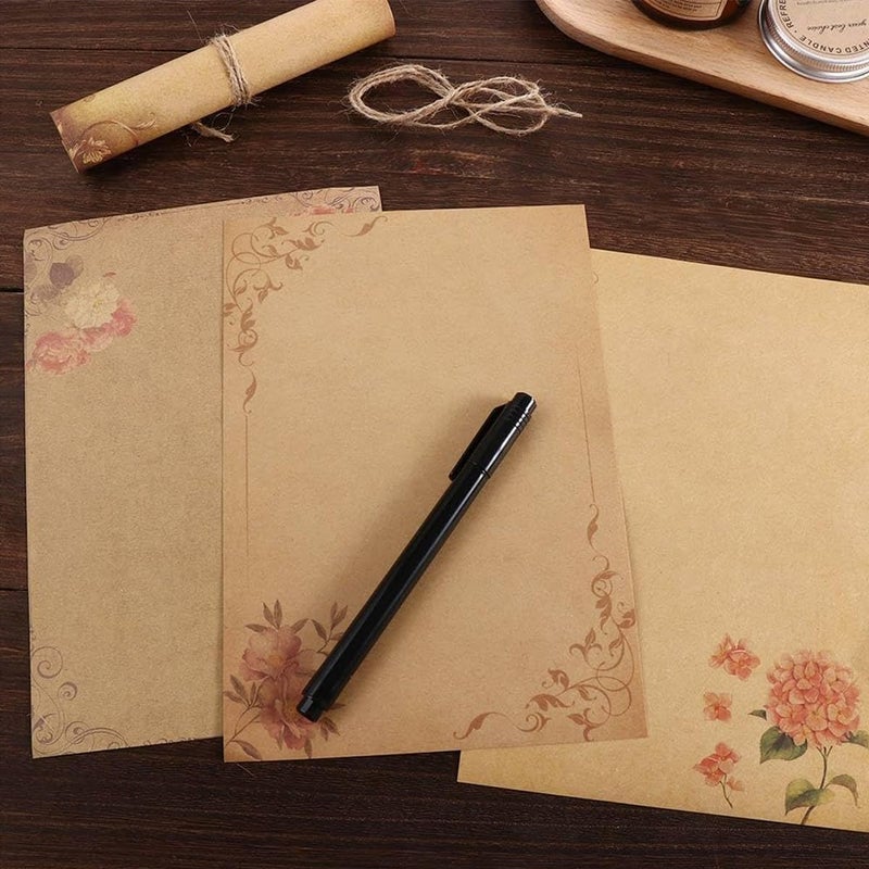 OFIFO ® Vintage Letter Writing Paper Sheets, 48 Pcs Floral Decorative Retro Stationery, 8 Designs, Antique Yellowish Craft Papers for Invitations, Scrapbooking, Handmade Notes, Journaling, 8.26x5.7in - Image 4