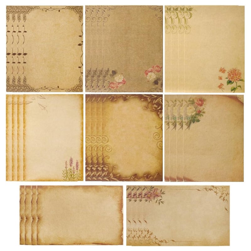 OFIFO ® Vintage Letter Writing Paper Sheets, 48 Pcs Floral Decorative Retro Stationery, 8 Designs, Antique Yellowish Craft Papers for Invitations, Scrapbooking, Handmade Notes, Journaling, 8.26x5.7in - Image 1