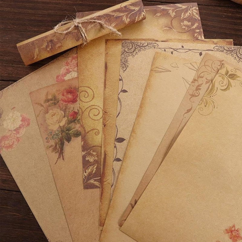 OFIFO ® Vintage Letter Writing Paper Sheets, 48 Pcs Floral Decorative Retro Stationery, 8 Designs, Antique Yellowish Craft Papers for Invitations, Scrapbooking, Handmade Notes, Journaling, 8.26x5.7in - Image 3