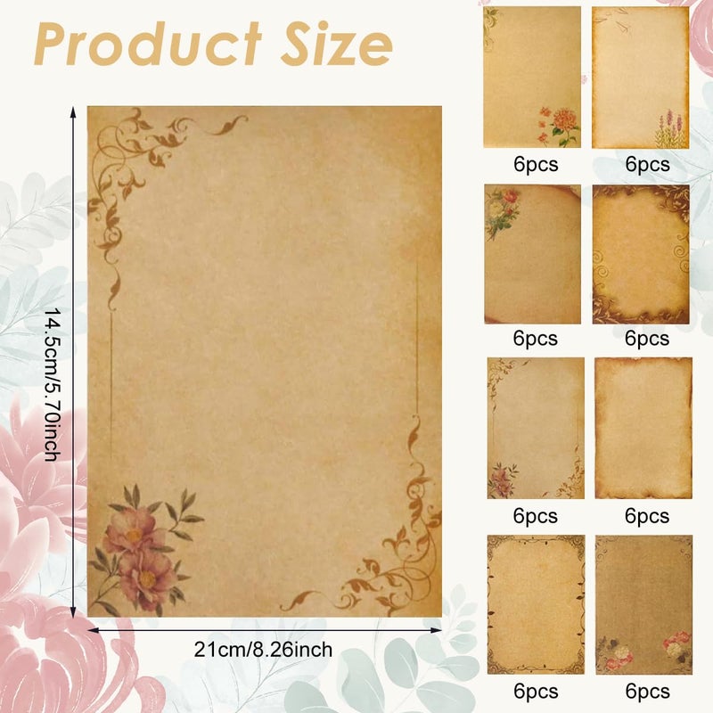 OFIFO ® Vintage Letter Writing Paper Sheets, 48 Pcs Floral Decorative Retro Stationery, 8 Designs, Antique Yellowish Craft Papers for Invitations, Scrapbooking, Handmade Notes, Journaling, 8.26x5.7in - Image 2