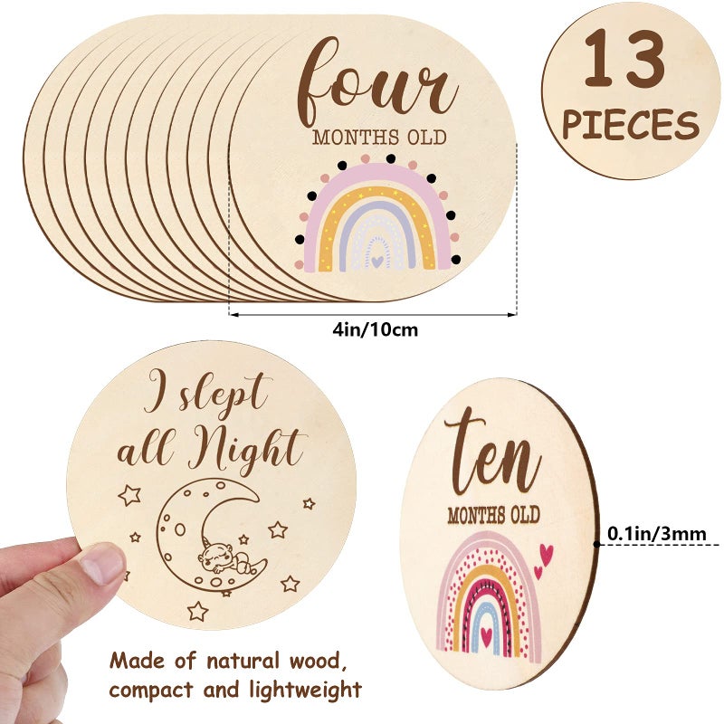 Jetec 13 Pieces Baby Monthly Milestone Wooden Cards Boho Rainbow Double Sided Printed Milestone Discs Wood Gift Photo Prop Discs Sets Birth Announcement Sign for Baby Shower Newborn - Image 2