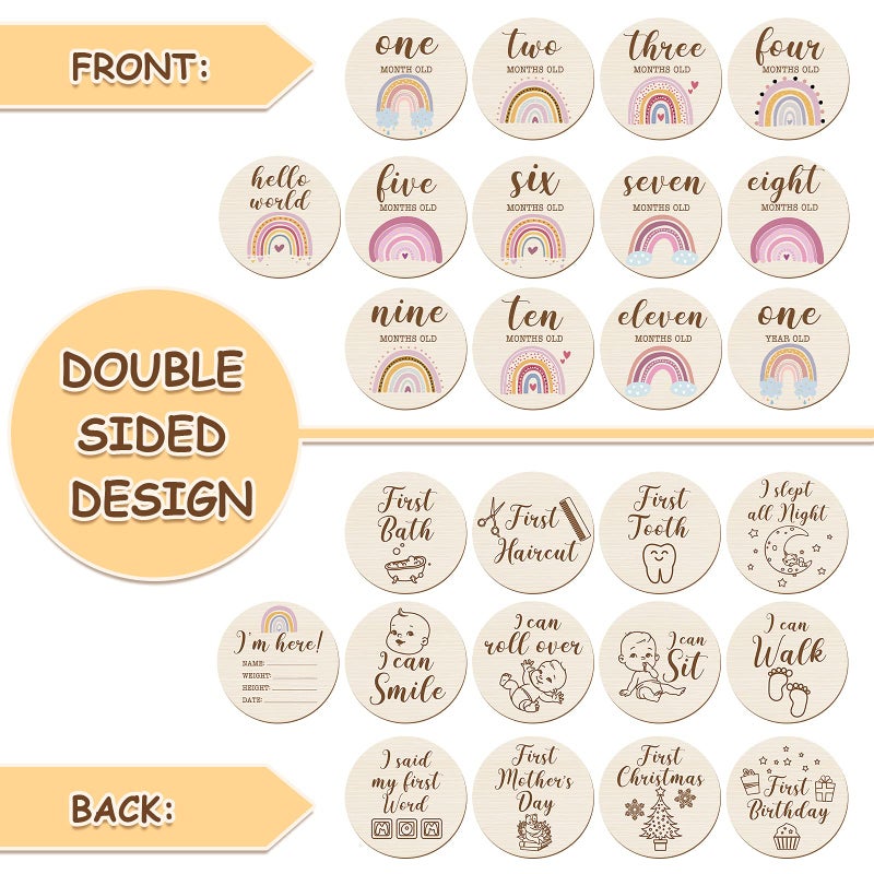 Jetec 13 Pieces Baby Monthly Milestone Wooden Cards Boho Rainbow Double Sided Printed Milestone Discs Wood Gift Photo Prop Discs Sets Birth Announcement Sign for Baby Shower Newborn - Image 3