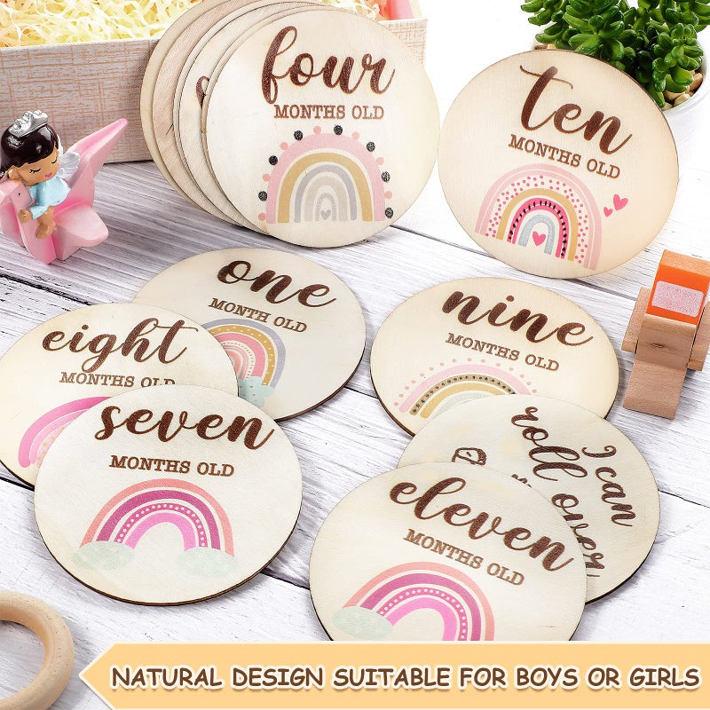 Jetec 13 Pieces Baby Monthly Milestone Wooden Cards Boho Rainbow Double Sided Printed Milestone Discs Wood Gift Photo Prop Discs Sets Birth Announcement Sign for Baby Shower Newborn - Image 4