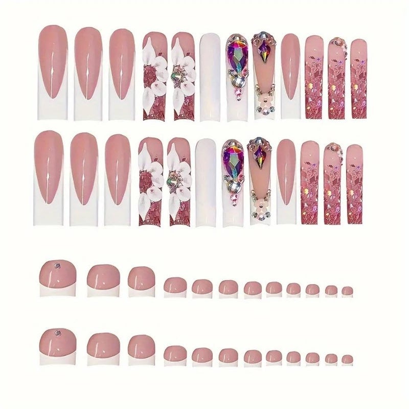 Maigitur White French Tips Press on Toenails Colorful Gem Press on Nails Long Square False Nails with Flower Charm Design Pearl Fake Toenails Glossy Spring Summer Fake Nails for Women Girls Manicure 48Pcs - Image 2