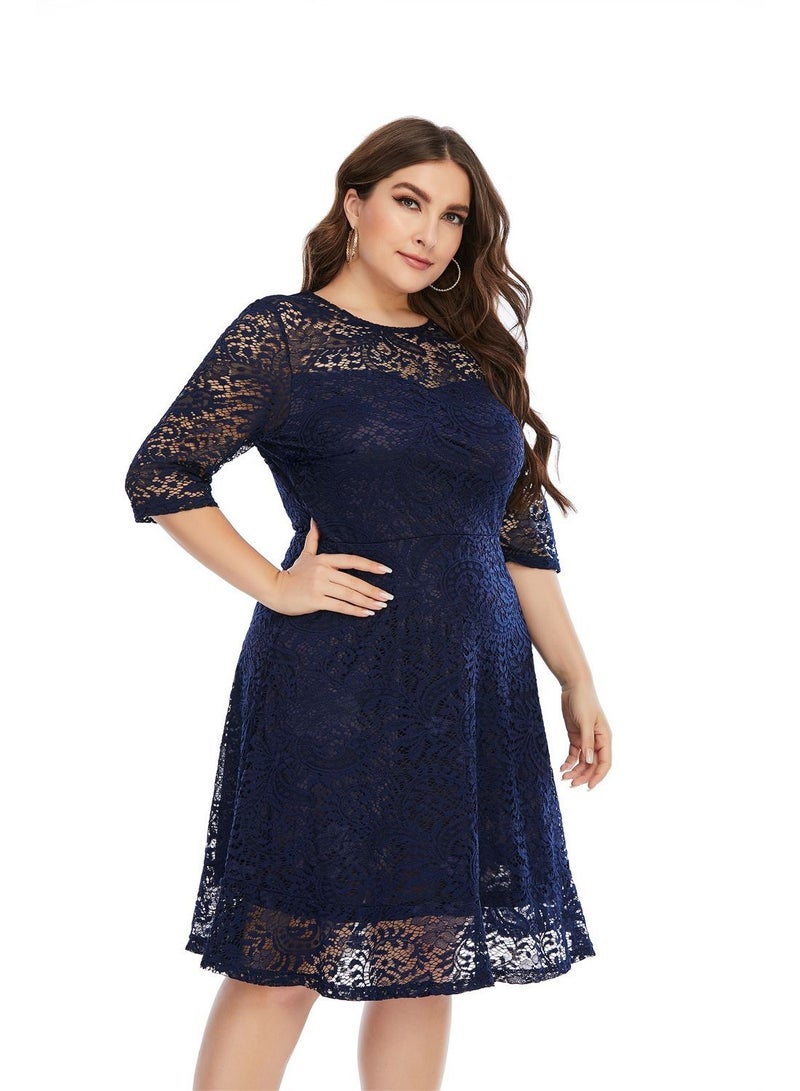 Loquat Spring/summer New Plus-size Women's Lace Dress With Round neck Blue  - Image 2