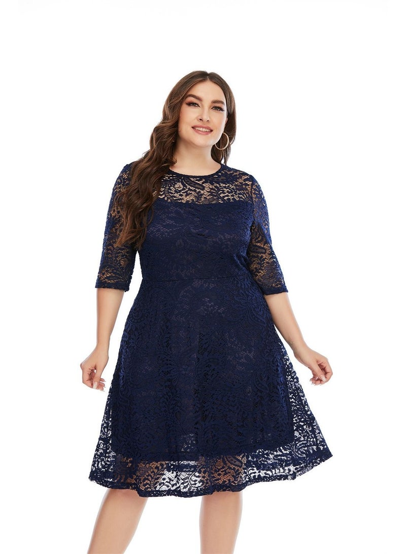 Loquat Spring/summer New Plus-size Women's Lace Dress With Round neck Blue  - Image 1