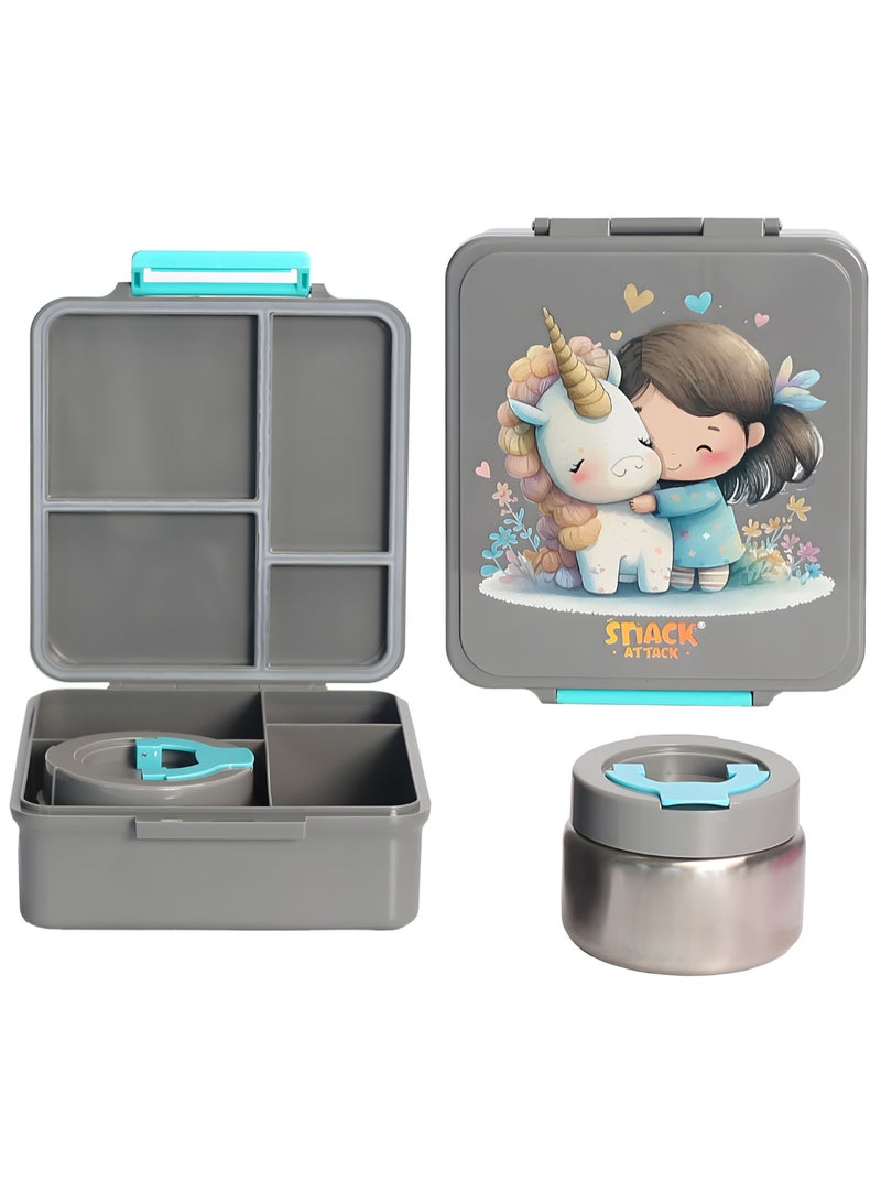 Snack Attack Unicorn Hug Kids Bento Lunch Box with Thermos Jar – 4-Compartment Stainless Steel Leakproof Lunchbox with Silicone Seal – Cute Mermaid Artwork – Keeps Food Hot up to 5 Hrs – BPA-Free - Image 1