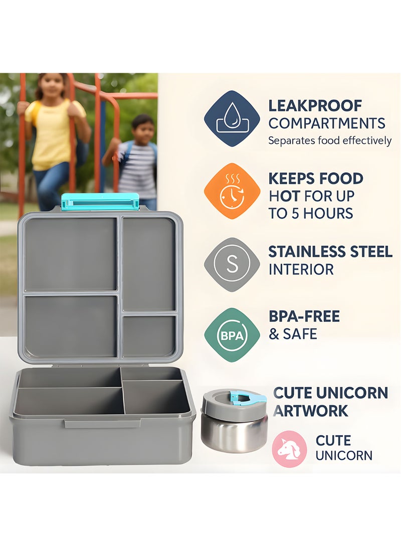 Snack Attack Unicorn Hug Kids Bento Lunch Box with Thermos Jar – 4-Compartment Stainless Steel Leakproof Lunchbox with Silicone Seal – Cute Mermaid Artwork – Keeps Food Hot up to 5 Hrs – BPA-Free - Image 2