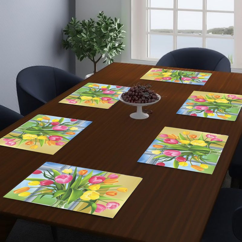 Dakshya Industries Dakshya Industries PVC Printed Set of 6 Rectangle Shape Placemats Cutwork Design for Kitchen Restaurant Dressing Table Mats and Dining Table Mats Yellow - Image 1
