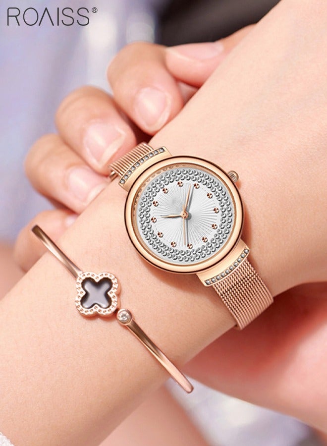 roaiss Women's Mesh Strap Quartz Watch Analog Display Round Dial with Rhinestones Decoration Waterproof Elegant Wristwatch as Gift for Women - Image 3