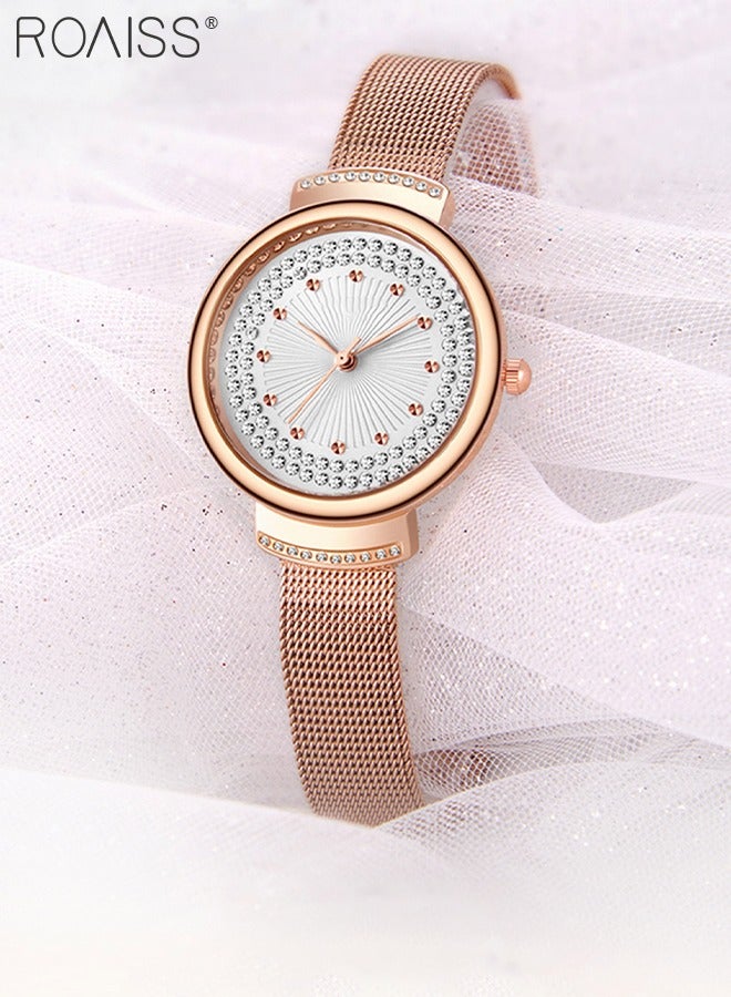 roaiss Women's Mesh Strap Quartz Watch Analog Display Round Dial with Rhinestones Decoration Waterproof Elegant Wristwatch as Gift for Women - Image 2