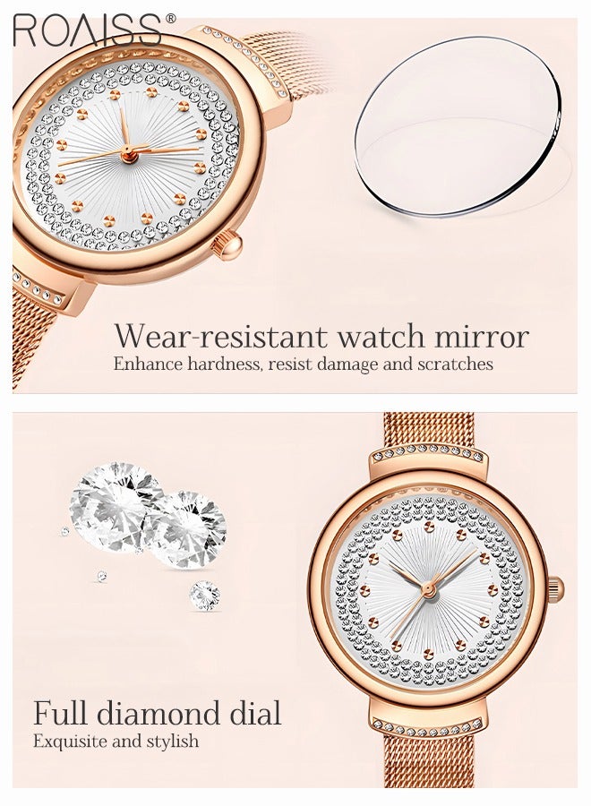 roaiss Women's Mesh Strap Quartz Watch Analog Display Round Dial with Rhinestones Decoration Waterproof Elegant Wristwatch as Gift for Women - Image 5