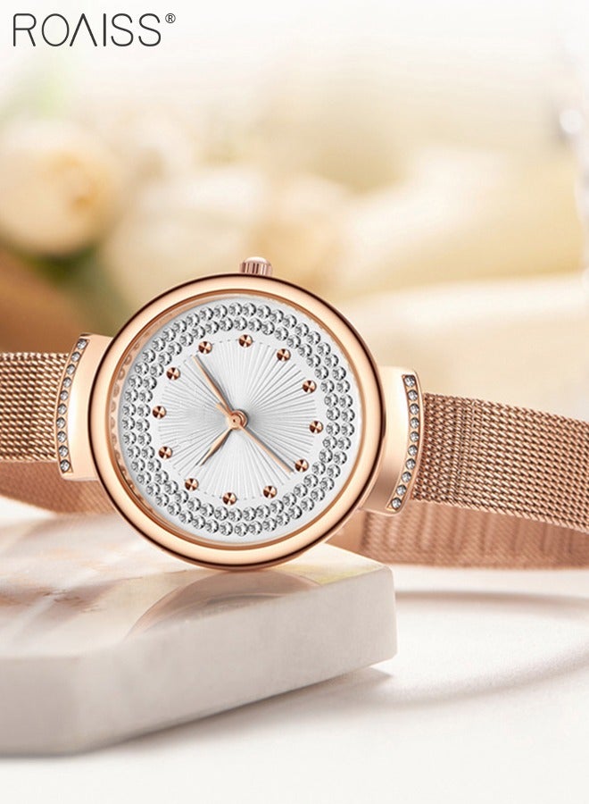 roaiss Women's Mesh Strap Quartz Watch Analog Display Round Dial with Rhinestones Decoration Waterproof Elegant Wristwatch as Gift for Women - Image 4