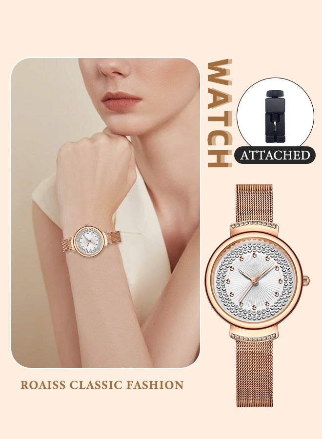 roaiss Women's Mesh Strap Quartz Watch Analog Display Round Dial with Rhinestones Decoration Waterproof Elegant Wristwatch as Gift for Women - Image 1