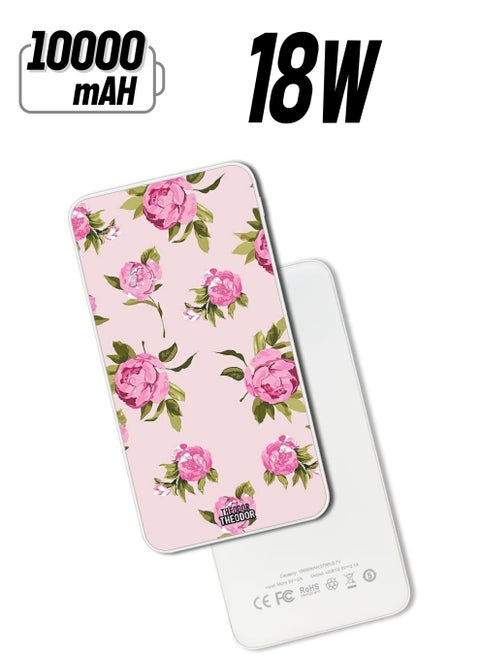 10,000 mAh Super Fast Charging Ultra Compact Power Bank with Quick Charge & Power Delivery, Portable Charger For iPhone and Android Hand Painting Pink Flower