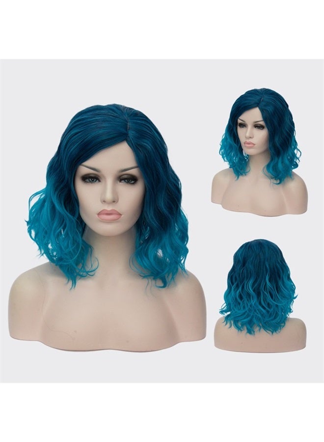 Cying Lin Short Bob Wavy Curly Wig Blue Ombre Wig For Women Cosplay Halloween Wigs Heat Resistant Bob Party Wig Include Wig Cap (Blue) - Image 1