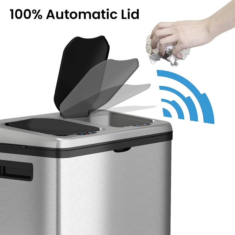 iTouchless 16 Gallon Touchless Sensor Kitchen Trash Can and Recycle Bin with Wheels, 61 Liter Stainless Steel Dual-Compartment (2 x 8 Gallon) Combo Recycling and Garbage Trashcan - Image 2