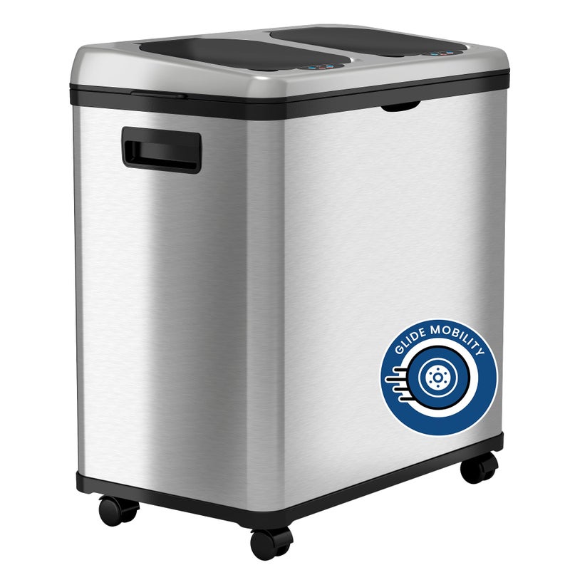 iTouchless 16 Gallon Touchless Sensor Kitchen Trash Can and Recycle Bin with Wheels, 61 Liter Stainless Steel Dual-Compartment (2 x 8 Gallon) Combo Recycling and Garbage Trashcan - Image 1
