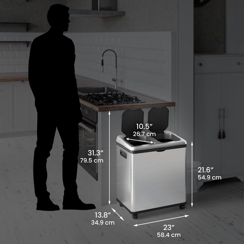 iTouchless 16 Gallon Touchless Sensor Kitchen Trash Can and Recycle Bin with Wheels, 61 Liter Stainless Steel Dual-Compartment (2 x 8 Gallon) Combo Recycling and Garbage Trashcan - Image 5