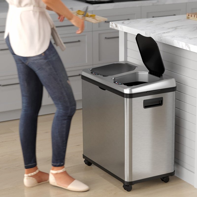 iTouchless 16 Gallon Touchless Sensor Kitchen Trash Can and Recycle Bin with Wheels, 61 Liter Stainless Steel Dual-Compartment (2 x 8 Gallon) Combo Recycling and Garbage Trashcan - Image 4
