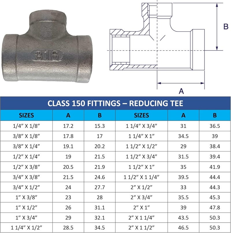 AF Hydro Stainless Steel SS316 Reducing Tee Pipe Fitting, 1"NPT x 1"NPT x 1/2"NPT Female Thread, Pressure Rating up to 150 PSI, Class 150 Reducer Connector Adapter - Image 5
