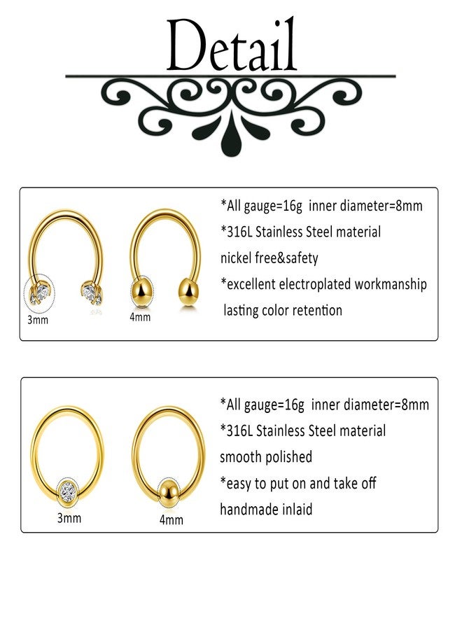 Jovivi 16G Gold Lip Rings Stainless Steel Hoop Labret Studs Monroe Piercing Jewelry Cartilage Helix Tragus Earrings Nose Ring Lobe Daith Rook Earrings for Women Men 14 Pcs - Image 4