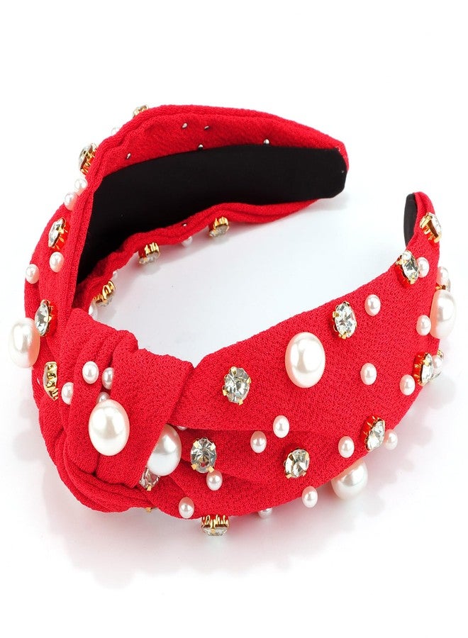 VELSCRUN Red Pearl Knotted Headbands - Rhinestone Crystal Hair Accessories for Women, Girls, Sisters, and Mothers - Image 1