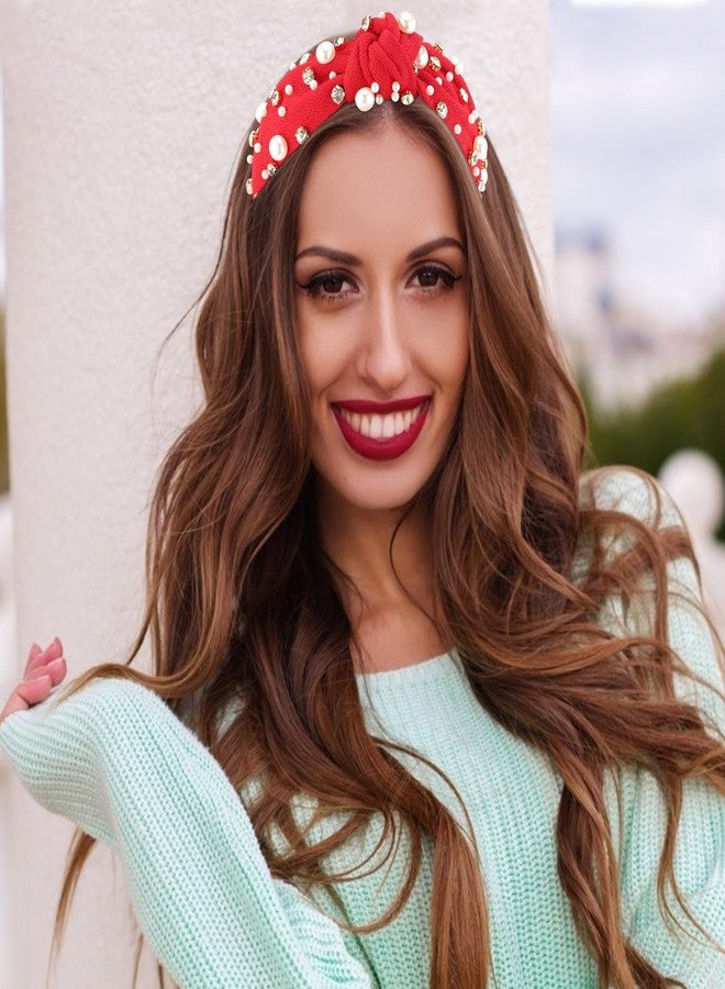 VELSCRUN Red Pearl Knotted Headbands - Rhinestone Crystal Hair Accessories for Women, Girls, Sisters, and Mothers - Image 3